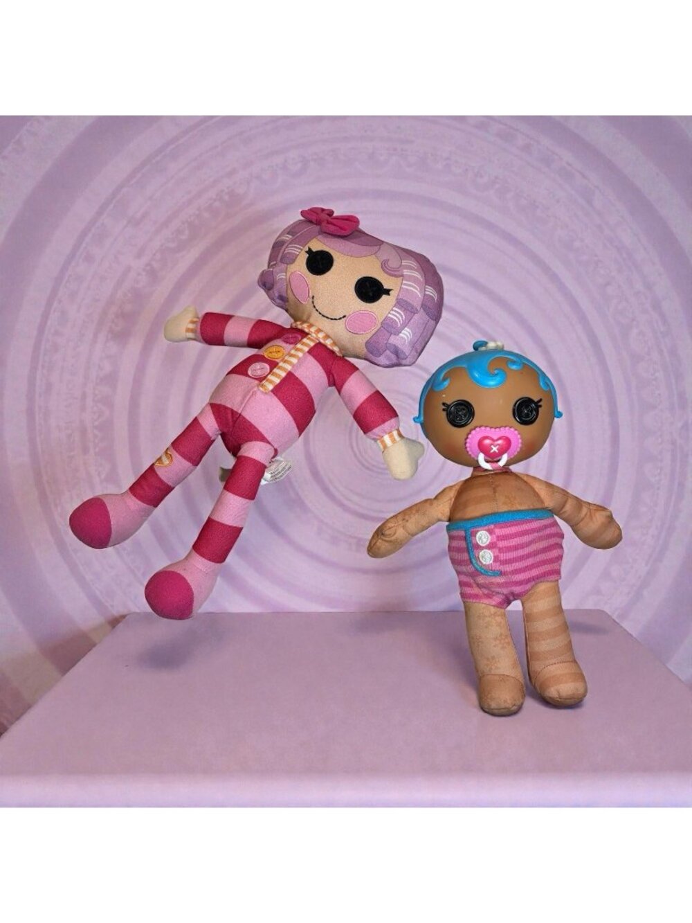 2 Lalaloopsy Dolls Baby Plush Cloth Body Pacifier Pink Stripe Gift Early 2000s